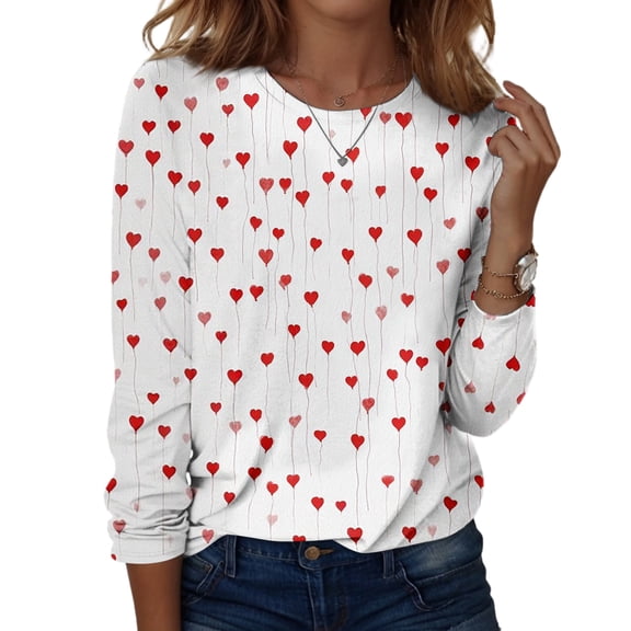 Valentine Shirts for Women Casual Long Sleeve Tunic Tops Cute Love Hearts Graphic T-Shirts Holiday Round Neck Pullover Loose Blouses Watermelon Red 2XL