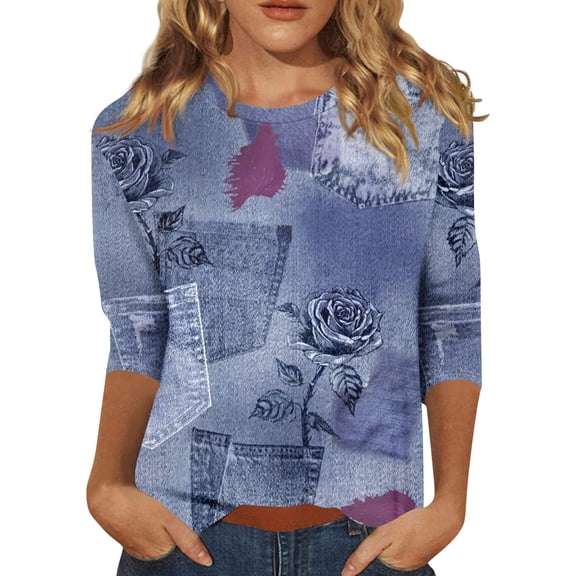 Valentine Shirts for Women Holiday 3/4 Sleeve T-Shirts Funny Love Hearts Graphic Tunic Tops Casual Crew Neck Pullover Loose Three Quarter Length Blouses Blue M