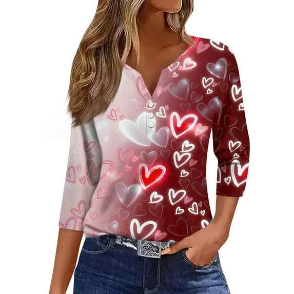 Valentine Shirts for Women Holiday 3/4 Sleeve Tunic Tops Funny Love Hearts Graphic T-Shirts Casual Button V Neck Blouses Loose Three Quarter Length Pullover Wine 2XL