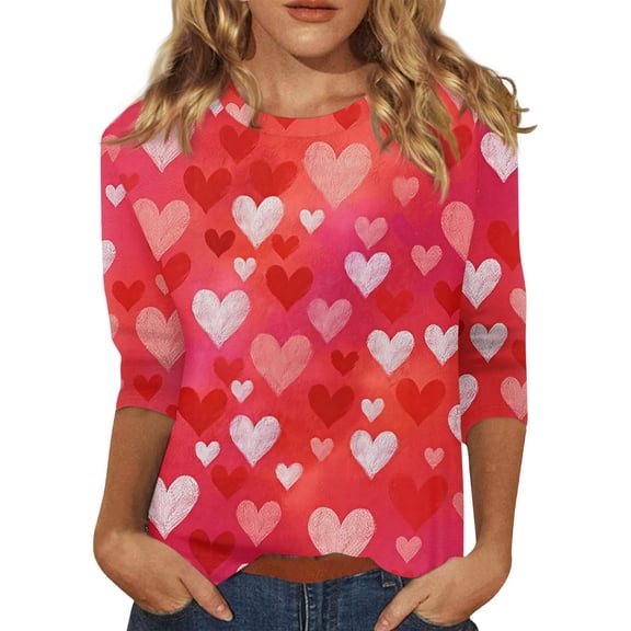 Valentine Shirts for Women Holiday 3/4 Sleeve Tunic Tops Funny Valentine Love Printed T-Shirts Casual Round Neck Pullover Loose Three Quarter Length Blouses Vermilion S