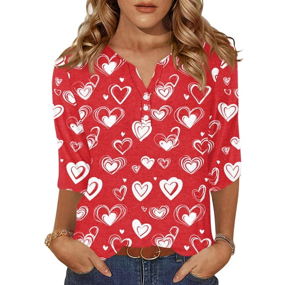 Valentine Shirts for Women Holiday Button V Neck Tunic Tops Funny Love Hearts Graphic T-Shirts Loose 3/4 Sleeve Pullover Casual Three Quarter Length Blouses Watermelon Red XL