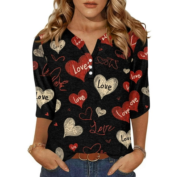 Valentine Shirts for Women Holiday Button V Neck Tunic Tops Funny Valentine Love Printed T-Shirts Casual 3/4 Sleeve Pullover Loose Three Quarter Length Blouses Vermilion 2XL
