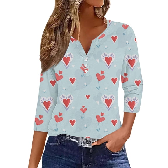 Valentine Shirts for Women Holiday Party Blouses Workout Shirts Buttons Henley Shirts Henley V Neck Tunic Tops Summer 3/4 Sleeve Blouses Cute Love Heart Print Graphic Tee Button Down Tops S-3Xl