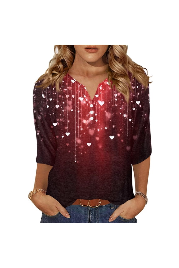 Valentine Shirts for Women Loose 3/4 Sleeve T-Shirts Cute Love Hearts Graphic Tunic Tops Casual Button V Neck Pullover Holiday Three Quarter Length Blouses Light pink 3XL