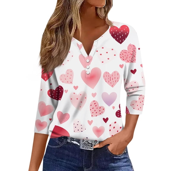 Valentine Shirts for Women Loose Button V Neck Tunic Tops Funny Love Heart Printed T-Shirts Casual 3/4 Sleeve Pullover Holiday Three Quarter Length Blouses Light pink 3XL