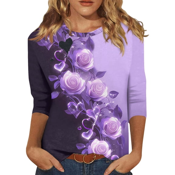 Valentine Shirts for Women Plus Size Casual 3/4 Sleeve Tunic Tops Cute Valentine Love Printed T-Shirts Loose Crew Neck Blouses Holiday Three Quarter Length Pullover Light Purple 3XL