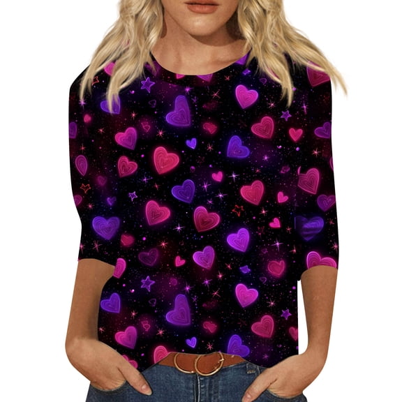 Valentine Shirts for Women Plus Size Holiday 3/4 Sleeve T-Shirts Cute Love Hearts Graphic Tunic Tops Loose Round Neck Pullover Casual Three Quarter Length Blouses Dark Purple L