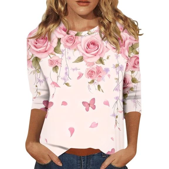 Valentine Shirts for Women Plus Size Loose 3/4 Sleeve Tunic Tops Funny Love Hearts Graphic T-Shirts Holiday Crew Neck Blouses Casual Three Quarter Length Pullover Pink M