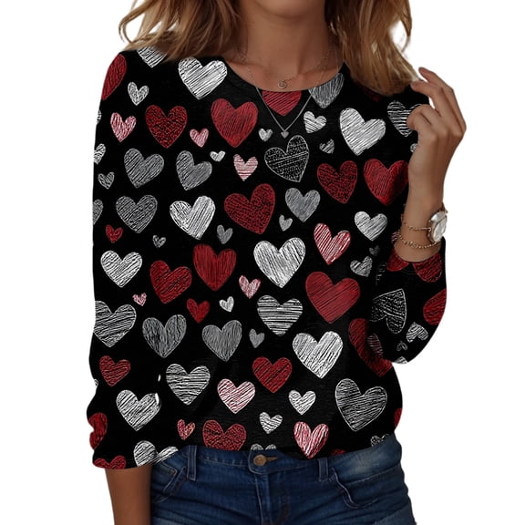 Valentine Shirts for Women Plus Size Loose Long Sleeve Tunic Tops Funny Love Hearts Graphic T-Shirts Casual Crew Neck Pullover Holiday Blouses Vermilion L