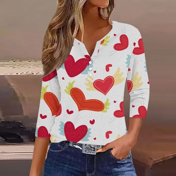 Valentine Shirts for Women Trendy 3/4 Length Sleeve Graphic T Shirts Cute Love Heart Print Casual Tunic Tops Henley V Neck Shirts,Button Down Three Quarter Sleeve Tops,Loose Fit Pullover Summer Shirt