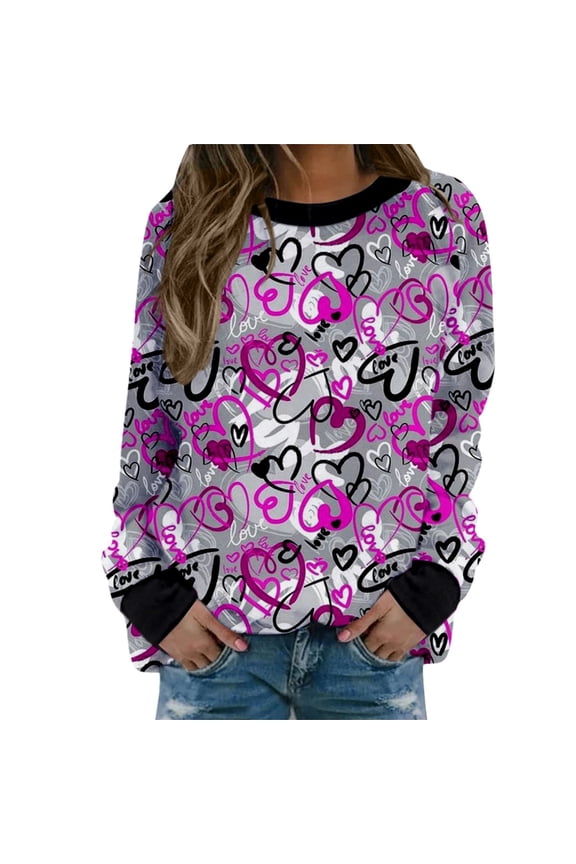 Valentine Shirts for Women 2026 Love Heart Tops Shirt Long-sleeved Swea Casual Blouse Pullover Casual Soft Shirt Loose Fit Blouse