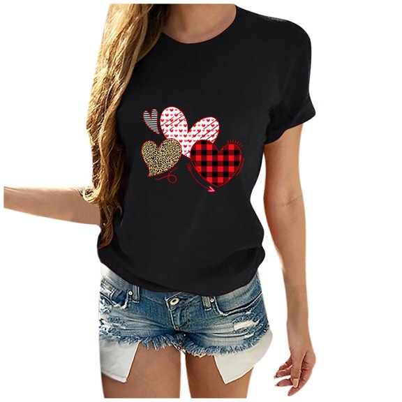 Valentine Shirts for Women 2026 Love Heart Tops Short Sleeve Summer Casual Print Slim Trendy Outfits
