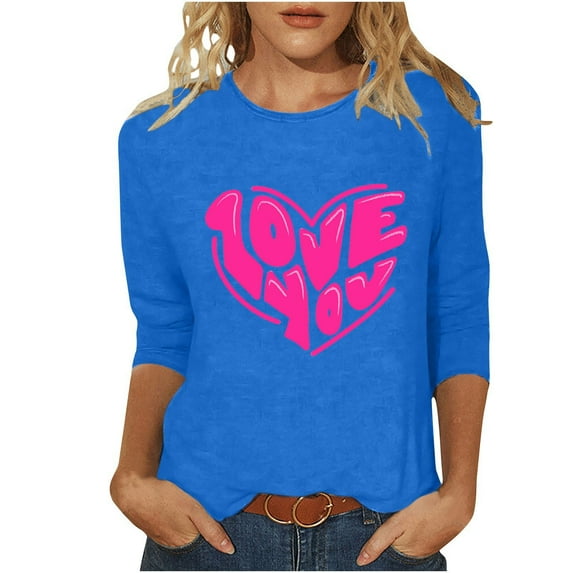 Valentine Shirts for Women 3/4 Sleeve Crewneck T-Shirts Cute Heart Graphic Tees Holiday Tops Gifts