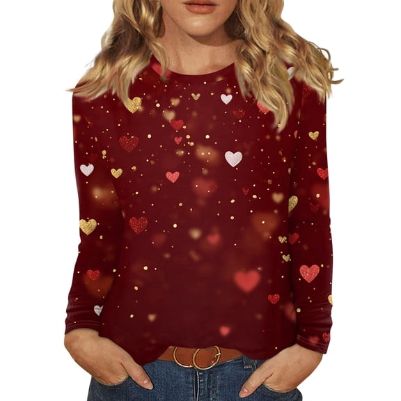 Valentine Shirts for Women Plus Size Casual Long Sleeve T-Shirts Funny Love Heart Printed Tunic Tops Holiday Crew Neck Blouses Loose Pullover Wine L