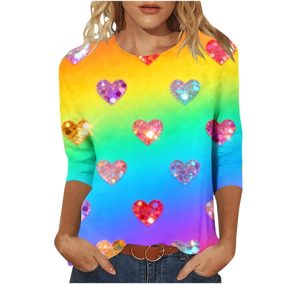 Valentine Shirts for Women Trendy 2026 Cute Heart Tunic 3/4 Sleeve Tops Cute Crewneck Graphic T Shirts, S Yellow