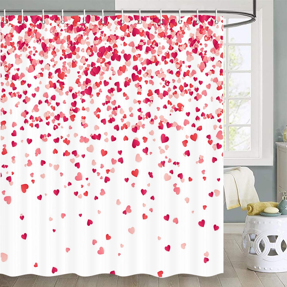 Valentine Shower Curtain, Romantic Falling Red Hearts Valentines Day