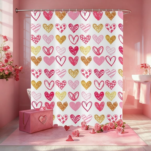 Valentine Shower Curtain, Romantic Heart Love Theme Girly Bathroom Curtain Waterproof Machine Washable Shower Curtain with Hooks, 60" Wx70" L