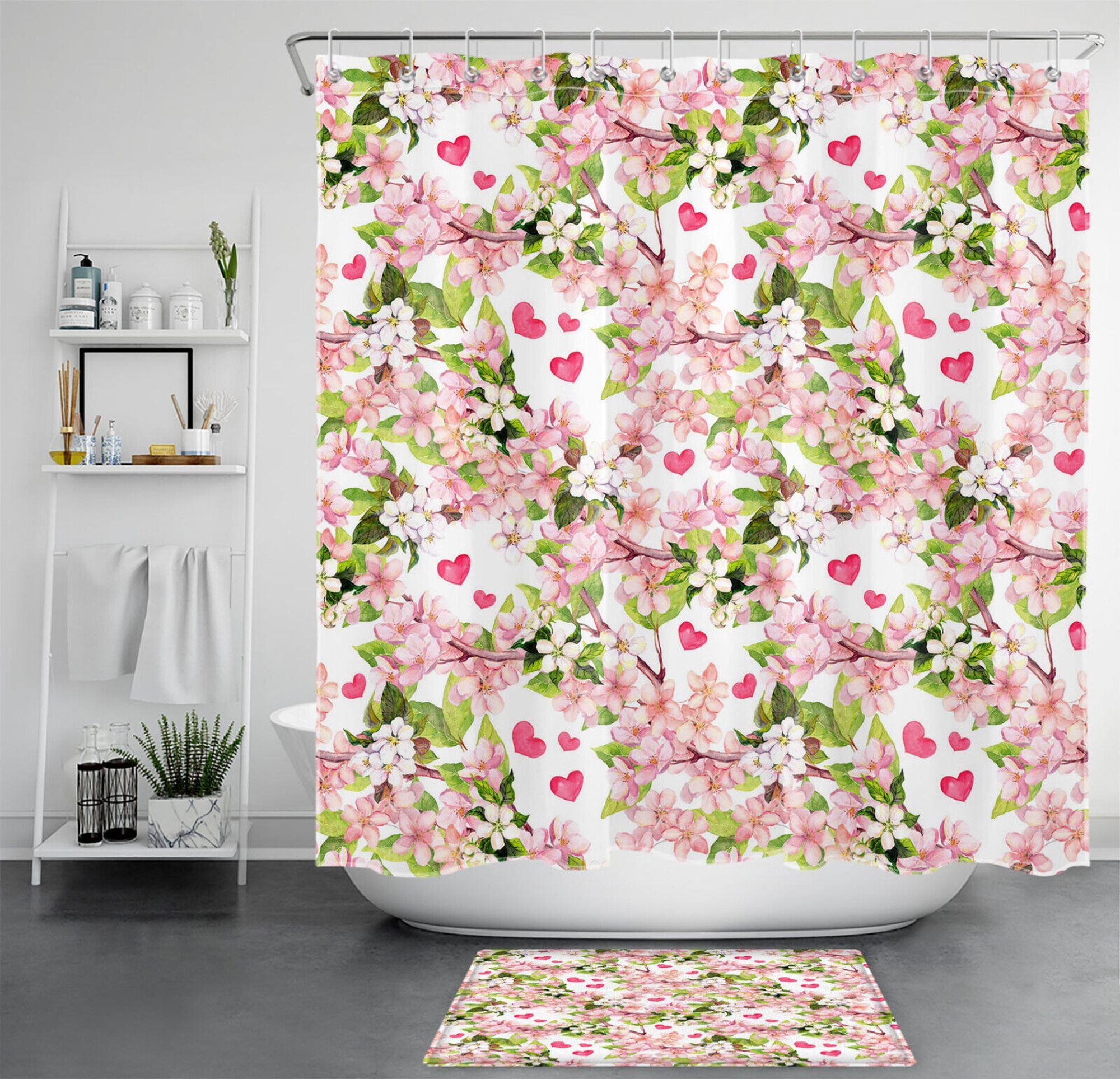 Valentine Shower Curtain Set with Peach Blossom Pink Love Heart Accents