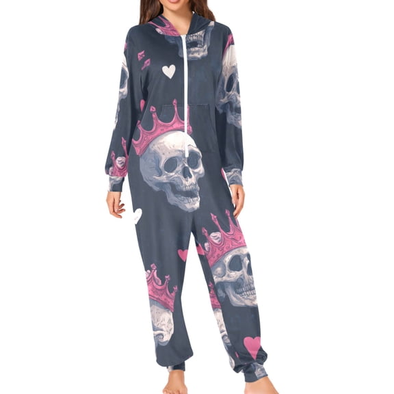 Valentine Skulls with Crowns Hearts Adult's Hoodie Onesie Jumpsuit One-Piece Pajamas with Zipper Unisex for Holiday XL
