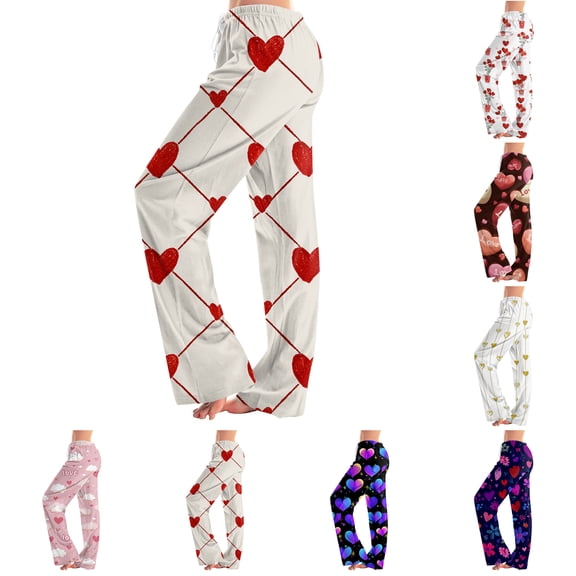 Valentine Sleep Pants for Women Heart Print Pajama Pants Soft Wide Leg Lounge Wear Comfortable Pajama Bottoms with Drawstring Vermilion S