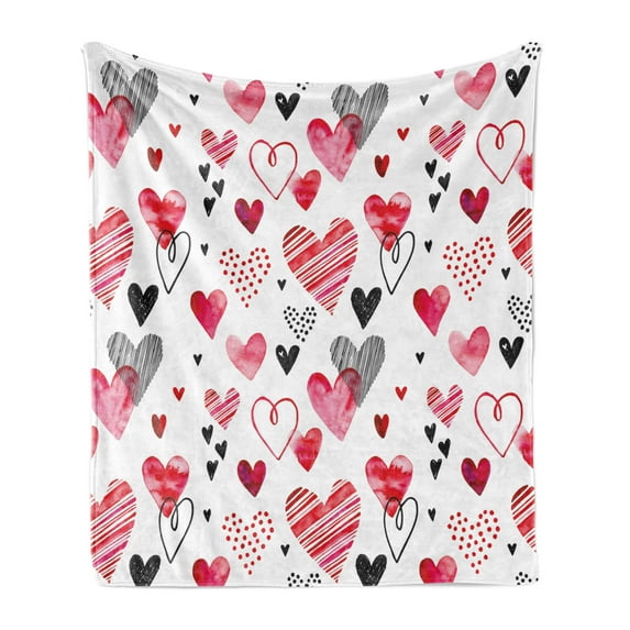 Valentine Soft Flannel Fleece Blanket, Different Types of Heart Shapes Romance Love Theme Watercolor Striped Art, Cozy Plush for Indoor and Outdoor Use, 50" x 70", Pink Black White, by Ambesonne