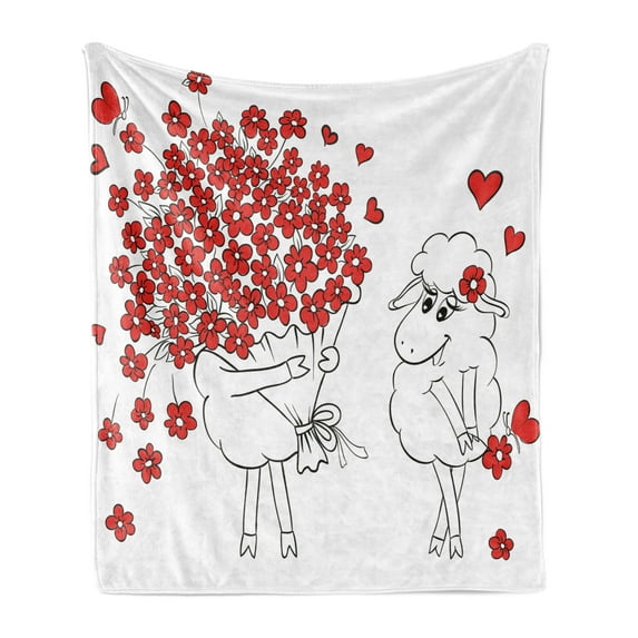 Valentine Soft Flannel Fleece Blanket, Lover Goats Bunch of Heart Bouquet Valentines Honeymoon Wedding Caricature Graphic, Cozy Plush for Indoor and Outdoor Use, 50" x 60", Red White, by Ambesonne