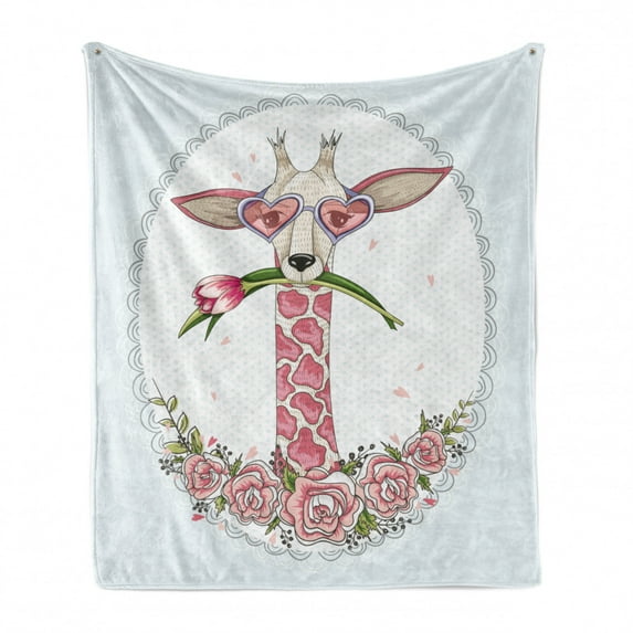 Valentine Soft Flannel Fleece Throw Blanket, Hipster Giraffe with Tulip and Heart Shaped Glasses Vintage Frame, Cozy Plush for Indoor and Outdoor Use, 50" x 70", Baby Blue Pale Pink, by Ambesonne
