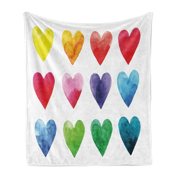 Valentine Soft Flannel Fleece Throw Blanket, Rainbow Colored Heart Shapes in Watercolors Hand Drawn Romantic Illustration, Cozy Plush for Indoor and Outdoor Use, 70" x 90", Multicolor, by Ambesonne