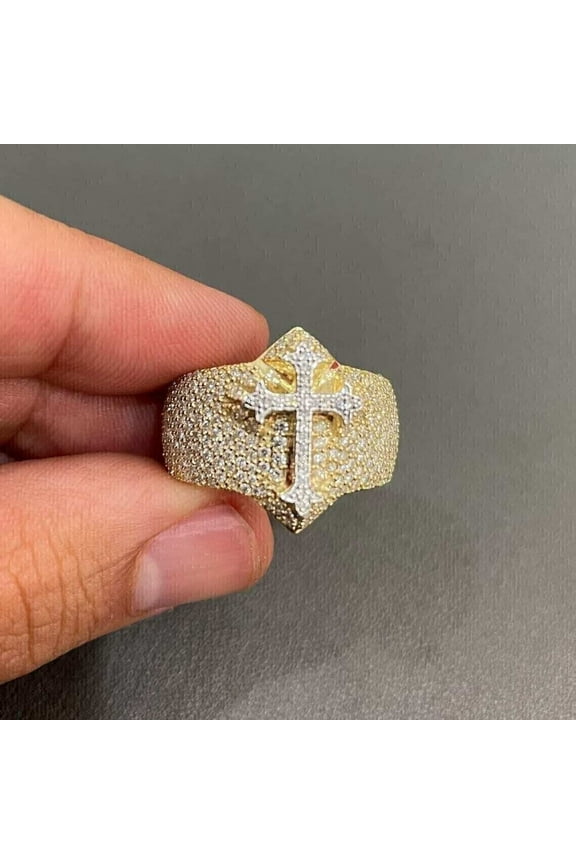 Valentine Special Gift 2Ct Round Cut Real Moissanite Men's Cross Engagement Ring 14K Yellow Gold Plated Silver