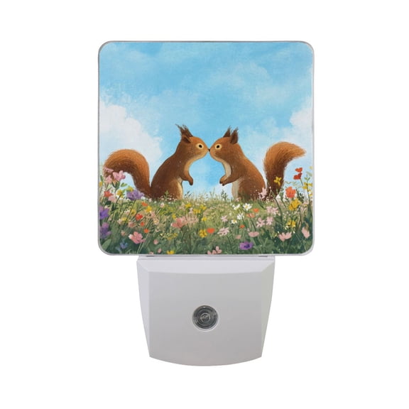 Valentine Squirrel Kissing on Spring Meadow LED Night Light Sensor Lamp Plug-in Adjustable Brightness 2 Pack