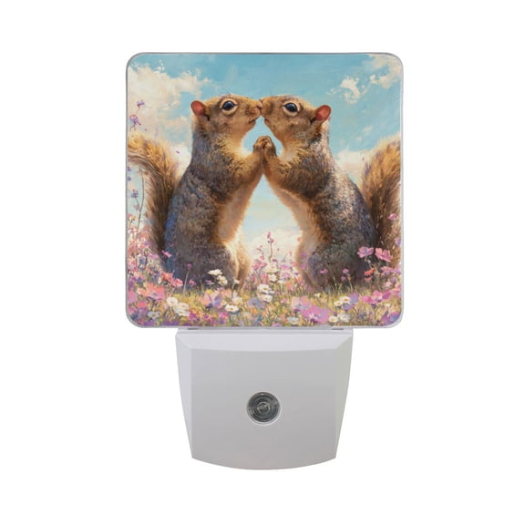 Valentine Squirrels Hold Hands and Kiss LED Night Light Sensor Lamp Plug-in Adjustable Brightness 2 Pack