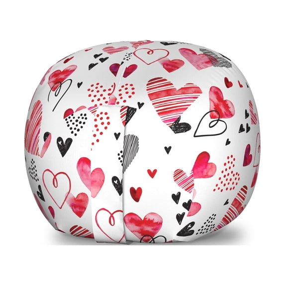 Valentine Storage Toy Bag Chair, Different Types of Heart Shapes Romance Love Theme Watercolor Striped Art, Stuffed Animal Organizer Washable Bag, Small Size, Pink Black White, by Ambesonne
