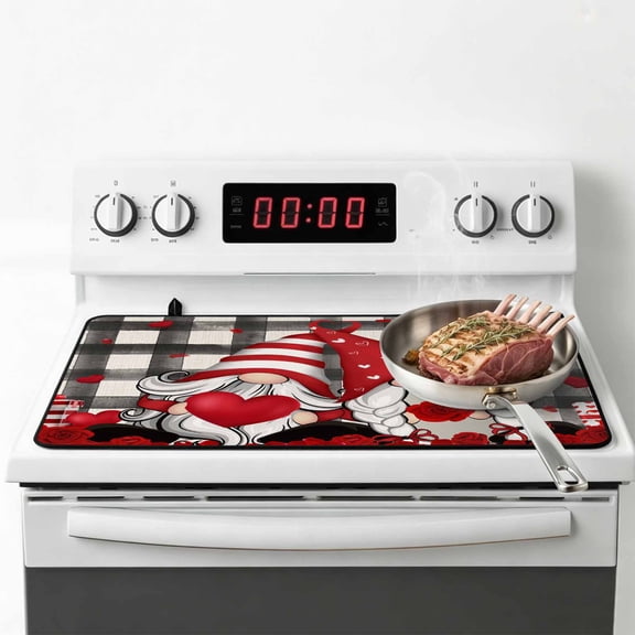 Valentine, Stove Top Cover for Electric Stove, Heat-proof & Non Slip Glass Top Stove Cover Protector, Buffalo Plaid Gnomes Love Valentine's Day Kitchen Flat Cooktop Rubber Mat 28.5x20.5 Inches