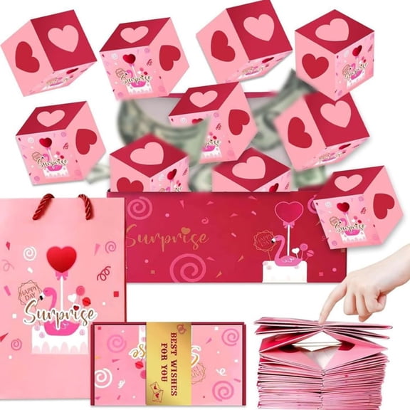Valentine Surprise Gift Box Explosion Gift Box DIY with Bag Love Pink Red Heart Romantic Creative Pop out Cards for Anniversary Wedding Thanksgiving Mother's Day Christmas Party Celebration