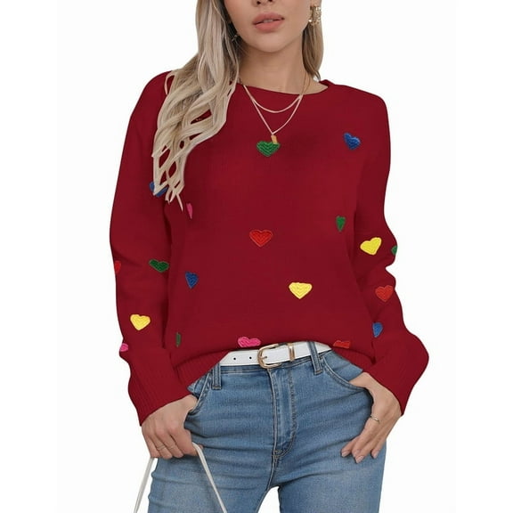 Valentine Sweaters for Women Trendy Colorful Heart Sweaters Lightweight Crewneck Sweater Shermie
