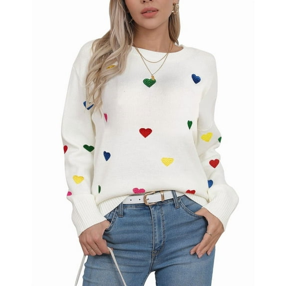 Valentine Sweaters for Women Trendy Colorful Heart Sweaters Lightweight Crewneck Sweater Shermie
