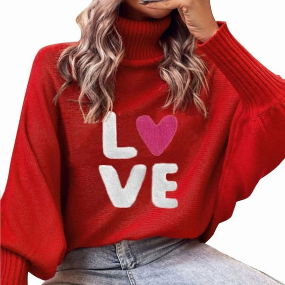 Valentine Sweaters for Women Juniors Loose Batwing Sleeve Turtleneck Sweater Knit Warm Pullover Sweater Shermie