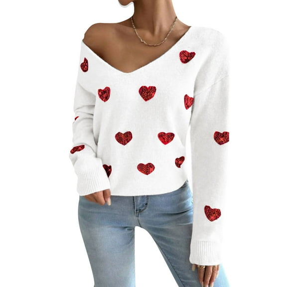 Valentine Sweaters for Women Trendy 2025 Cute Heart Printed V Neck Long Sleeve Pullover Sweaters Alsol Lamesa