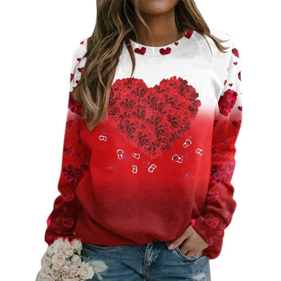 Valentine Sweatshirt for Women Love Heart Graphic Shirt Print O Neck Crewneck Fit Casual Long Sleeve Workout Loose Blouse Pullover Hoodie Tops