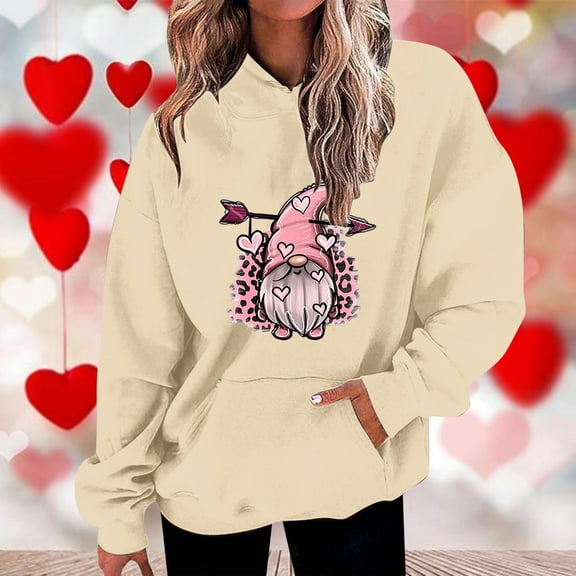 Valentine Sweatshirts For Women Fashion Casual Valentines Day Love Heart Graphic Printing Long Sleeve Tops Hoodie Sweatshirts With Pockets Beige XL