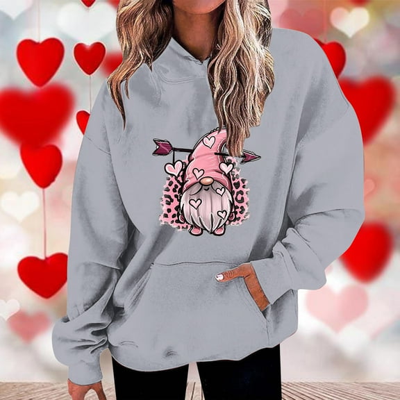 Valentine Sweatshirts For Women Fashion Casual Valentines Day Love Heart Graphic Printing Long Sleeve Tops Hoodie Sweatshirts With Pockets Gray XL