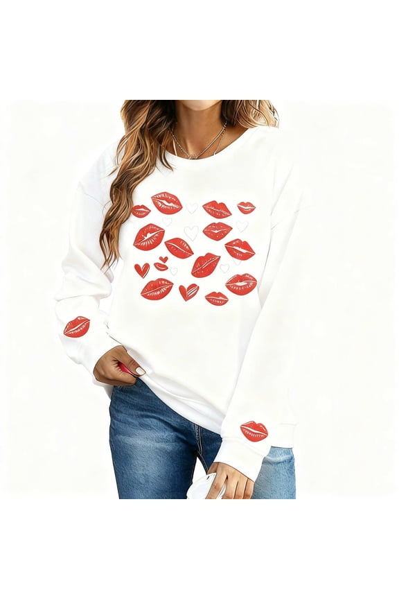 Valentine Sweatshirts for Women Casual Heart Lip Graphic Pullovers Cute Long Sleeve Crewneck Sweaters Tops Trendy Anniversary Dating Clothes