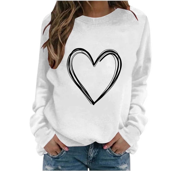 Valentine Sweatshirts for Women Love Heart Graphic T-Shirt Solid Color Long Sleeve Shirts Casual Crewneck Sweatshirt Valentine Tops for Women 2026