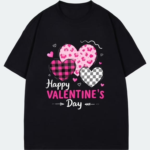 Valentine T Shirt Black Hearts And Checkered Pattern Happy Valentines Day Print For Romantic Celebration