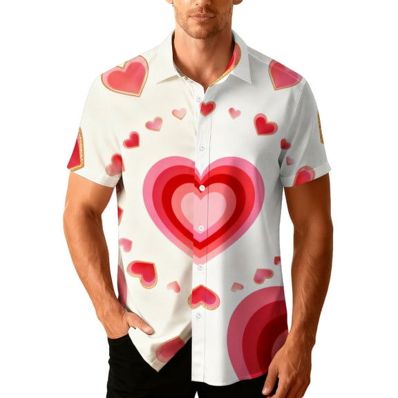 Valentine T-Shirt for Men Hear Printed Summer Beach Casual Short Sleeve Button Down Lapel Shirts,Valentines Gift Ideas for Him Shirt