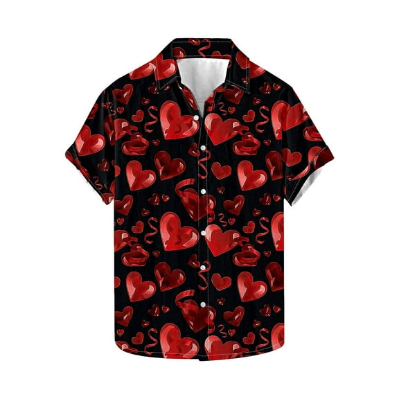 Valentine T-Shirt for Men Heart Printed Button Casual Short Sleeve Lapel Shirt,Valentines Gift Ideas for Him Shirt