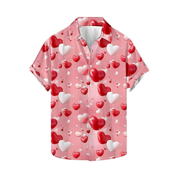 Valentine T-Shirt for Men Heart Printed Button Casual Short Sleeve Lapel Shirt,Valentines Gift Ideas for Him Shirt