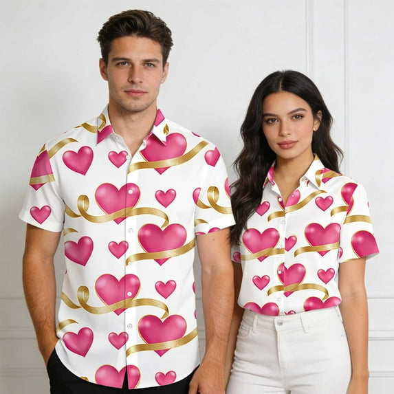 Valentine T-Shirt for Men Heart Printing Casual Short Sleeve Turndown Collar Button Shirt,Valentines Gift Ideas for Him Shirt