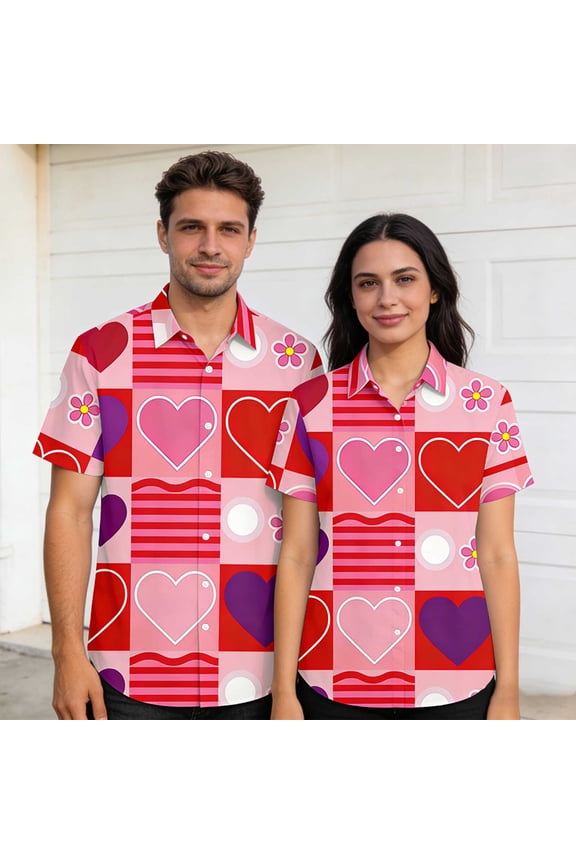 Valentine T-Shirt for Men Heart Printing Casual Short Sleeve Turndown Collar Button Shirt,Valentines Gift Ideas for Him Shirt