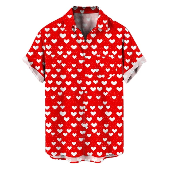 Valentine T-Shirt for Men Heart Printing Casual Turndown Collar Short Sleeve Button Blouse,Valentines Gift Ideas for Him Shirt